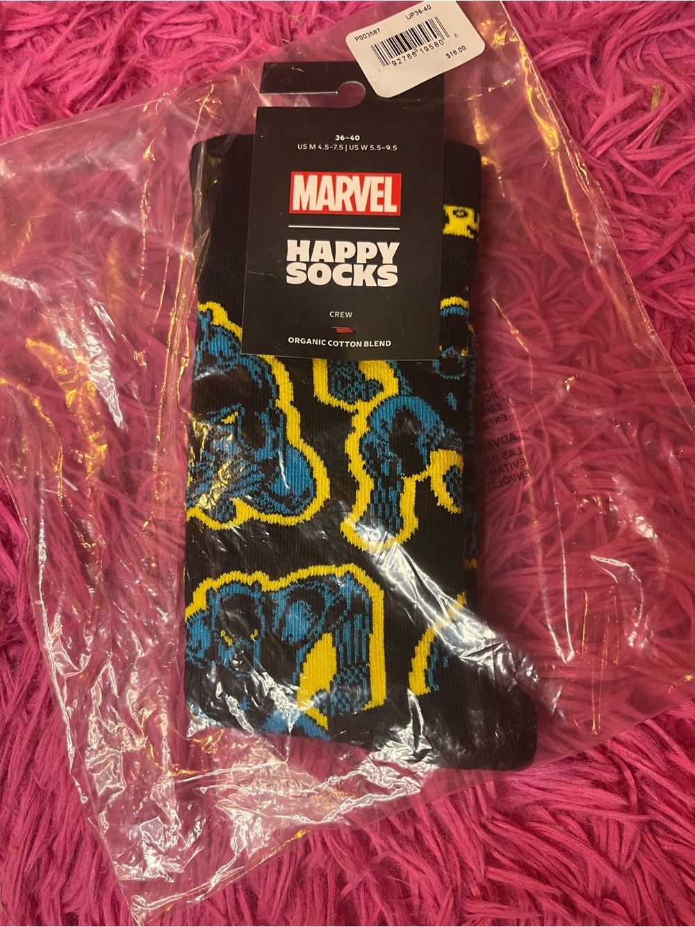 Happy Socks Marvel Crew Socks in Black, Blue & Yellow
